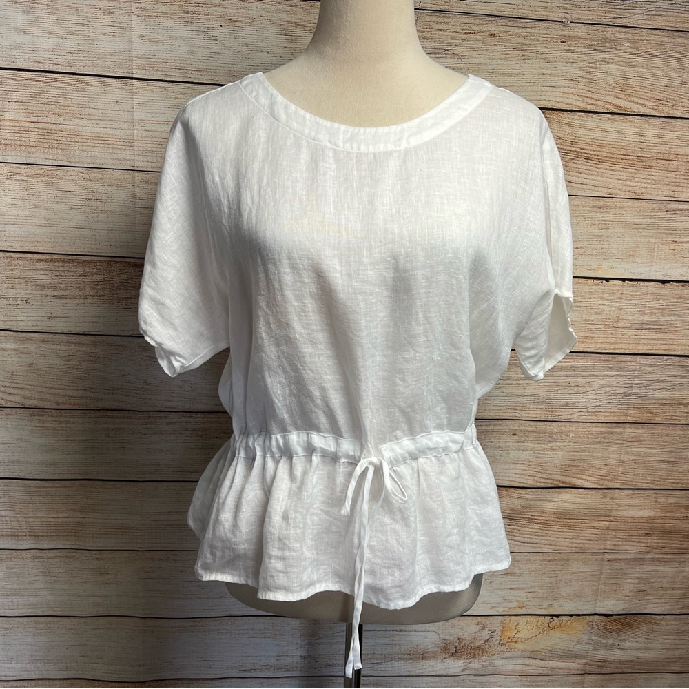 Cloth & Stone Anthropologie White Linen Peplum Top Sz S Drawstring Waist Blouson